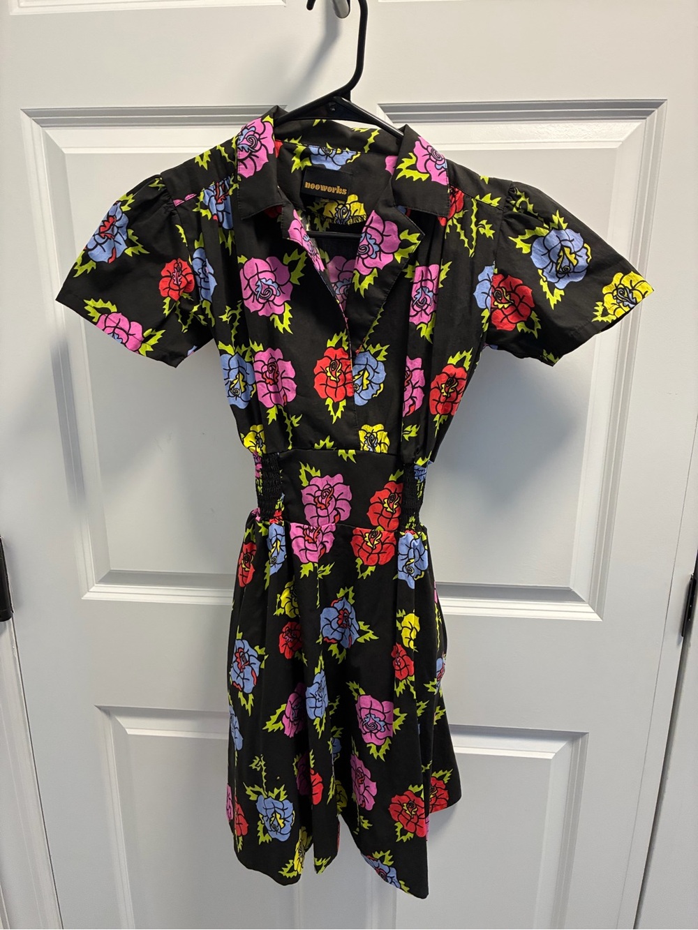 Nooworks Black Floral Button-Up Mini Dress (Pink, Red, Blue, Yellow)